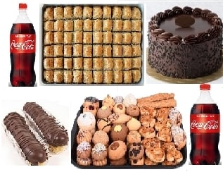 Dolu Dolu Tatlı Sepeti 1 kg Baklava Pasta Ekler Kuru Pasta ve Kola pasta